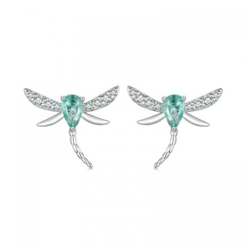Cubic Zirconia Micro Pave Sterling Silver Earring, 925 Sterling Silver, Dragonfly, fashion jewelry & micro pave cubic zirconia & for woman, nickel, lead & cadmium free, 14x12mm, Sold By Pair