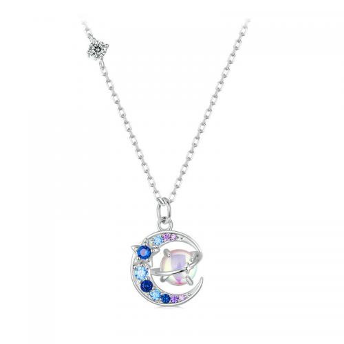 Cubic Zircon Micro Pave 925 Sterling Silver Necklace with 1.97inch extender chain Moon and Star fashion jewelry & micro pave cubic zirconia & for woman nickel lead & cadmium free Length Approx 15.75 Inch Sold By PC