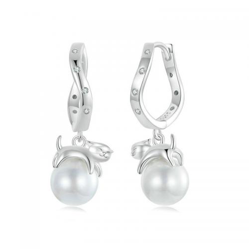 Boucles d'oreilles en argent sterling 925, avec Shell Pearl, bijoux de mode & pour femme, protéger l'environnement, sans nickel, plomb et cadmium, 9x25mm, Vendu par paire