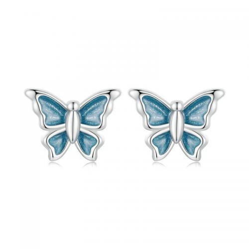 925 Sterling Silver Stud Earrings Butterfly fashion jewelry & for woman & enamel blue nickel lead & cadmium free Sold By Pair