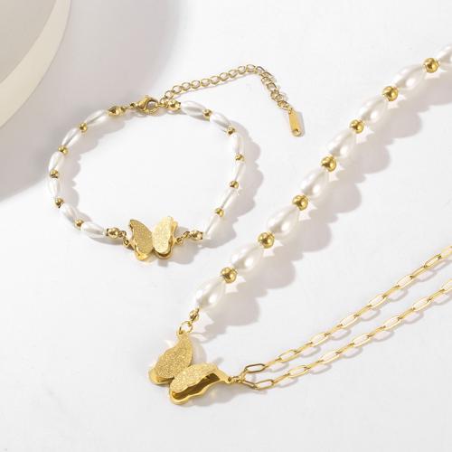 Fashion Stainless Steel Jewelry Sets bracelet & necklace 304 Stainless Steel with Plastic Pearl Butterfly Vacuum Ion Plating fashion jewelry & for woman Sold By PC