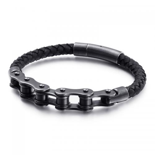 PU Leather Cord Bracelets, with Tibetan Style, plumbum black color plated, fashion jewelry & for man, black, Length:Approx 21 cm, Sold By PC