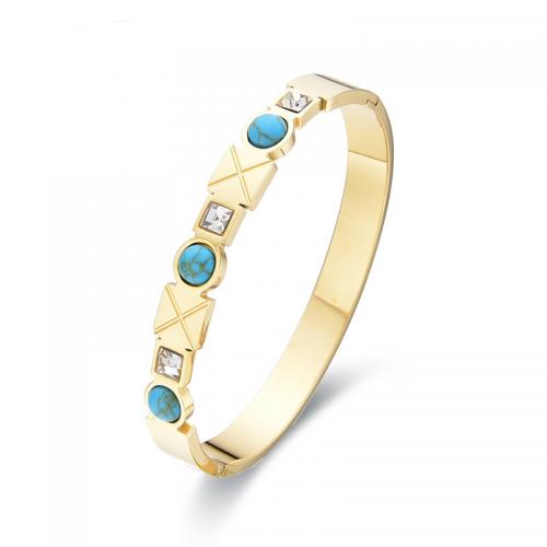 Stainless Steel Bangle, 304 Stainless Steel, with turquoise, Vacuum Ion Plating, fashion jewelry & for woman & with rhinestone, more colors for choice, Inner Diameter:Approx 61x51mm, Sold By PC