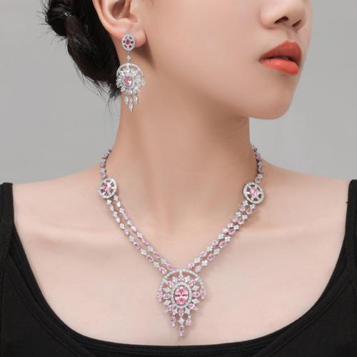 Brass Jewelry Set, plated, 2 pieces & fashion jewelry & micro pave cubic zirconia, more colors for choice, nickel, lead & cadmium free, necklace lengthuff1a43cm,earring size:5.5x2.5cm, Sold By Set