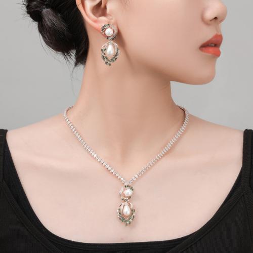 Brass Jewelry Set, with Glass Pearl, Wheat, plated, 2 pieces & fashion jewelry & micro pave cubic zirconia, more colors for choice, nickel, lead & cadmium free, necklace lengthuff1a43cm,earrings size:4.5x2cm, Sold By Set