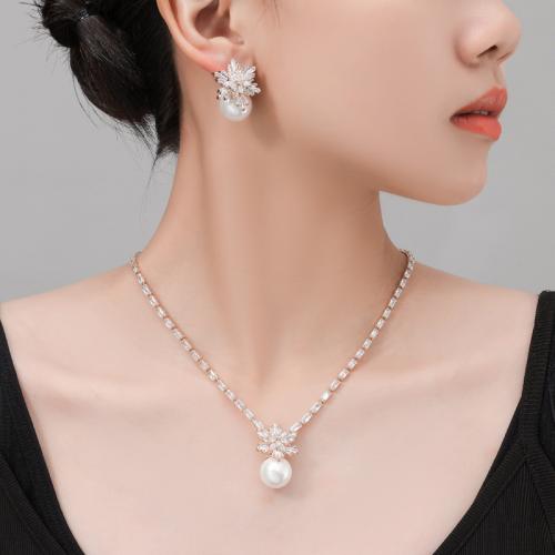 Brass Jewelry Set, with Glass Pearl, Snowflake, plated, 2 pieces & fashion jewelry & micro pave cubic zirconia, more colors for choice, nickel, lead & cadmium free, necklace lengthuff1a43.5cm,earrings size:3cm*2cm, Sold By Set