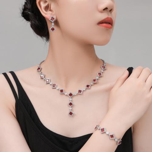 Brass Jewelry Set, Square, plated, three pieces & fashion jewelry & micro pave cubic zirconia, more colors for choice, nickel, lead & cadmium free, Necklace length: 43.5cm, earrings size: 3.3cm*1.3cm, bracelet length: 17.5cm+2cm, Sold By Set
