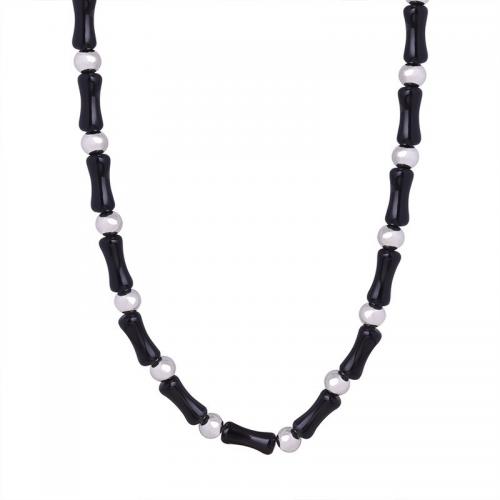 Titanium Steel Necklace with Black Agate with 5cm extender chain handmade fashion jewelry & Unisex black nickel lead & cadmium free Length Approx 40 cm Sold By PC