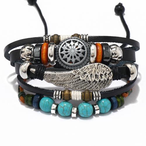 Leather Cord Bracelet, Faux Leather, with PU Leather & Wax Cord & Hematite & Copper Coated Plastic & Tibetan Style, with 9-12cm extender chain, handmade, fashion jewelry & multilayer & Unisex, nickel, lead & cadmium free, Length:Approx 17 cm, Sold By PC
