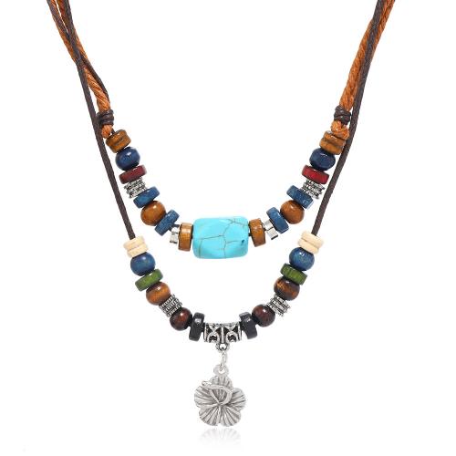 Sweater Chain Necklace, PU Leather, with turquoise & Wax Cord & Wood & Tibetan Style, handmade, Double Layer & fashion jewelry & for man, brown, nickel, lead & cadmium free, Length:Approx 40-70 cm, Sold By PC