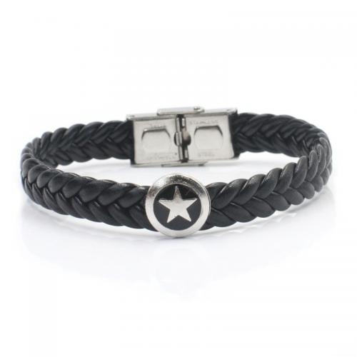 PU Leather Cord Bracelets 304 Stainless Steel with Full Grain Cowhide Leather & Zinc Alloy plated Unisex black Length Approx 21 cm Sold By PC
