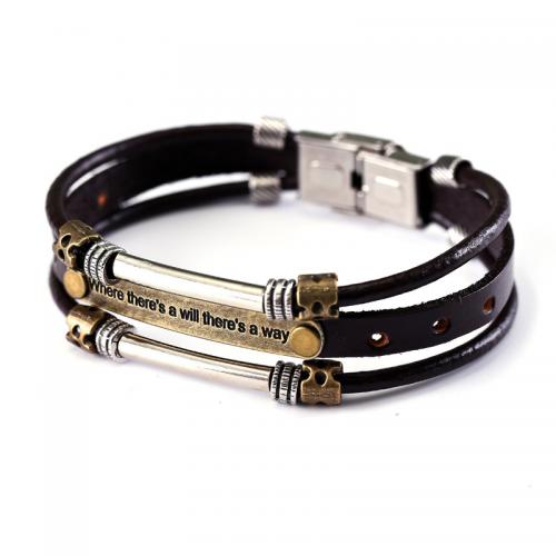 Stainless Steel Jewelry Bracelet 304 Stainless Steel with Full Grain Cowhide Leather & Zinc Alloy plated Unisex & with rhinestone brown Length Approx 21 cm Sold By PC