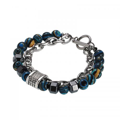 Stainless Steel Jewelry Bracelet, 304 Stainless Steel, with Malachite & Hematite & Tibetan Style, stoving varnish, Unisex, blue, Length:Approx 21 cm, Sold By PC