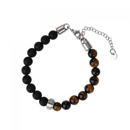 Stainless Steel Jewelry Bracelet 304 Stainless Steel with Gemstone & Black Agate with 5CM extender chain plated & Unisex Length Approx 18 cm Sold By PC