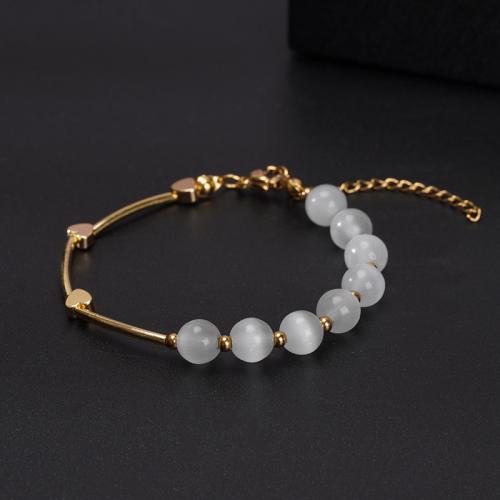 Stainless Steel Jewelry Bracelet, 304 Stainless Steel, with Copper Alloy & Cats Eye, with 5CM extender chain, stoving varnish, Unisex, golden, Length:Approx 18 cm, Sold By PC