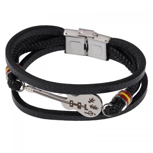 PU Leather Cord Bracelets, 304 Stainless Steel, with PU Leather, stoving varnish, Unisex, black, Length:Approx 22 cm, Sold By PC