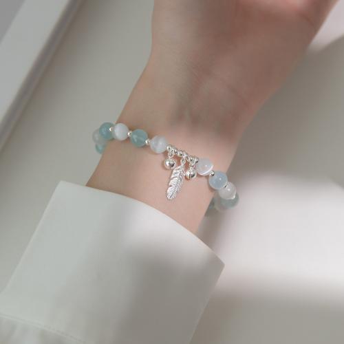 925 Sterling Silver Bangle Bracelet, with Elastic Thread & Cats Eye & Aquamarine, handmade, for woman, silver color, Length:Approx 17-26 cm, Sold By PC