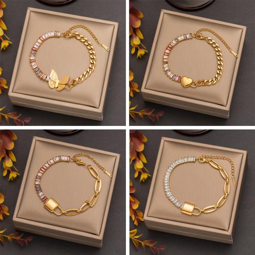 Titanium Steel Bracelet, gold color plated, different styles for choice & for woman & with rhinestone, Length:Approx 7-7.9 Inch, Sold By PC