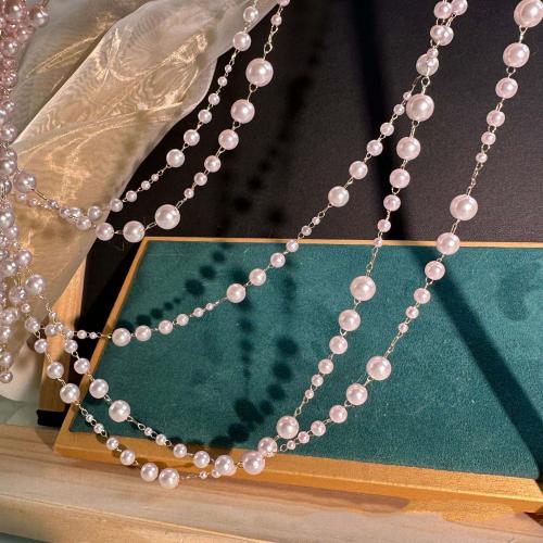 Decoratieve messing schakelkettingen, met Plastic Pearl, Ronde, KC gold plated, DIY, wit, nikkel, lood en cadmium vrij, Length about 3-8mm, Verkocht door m