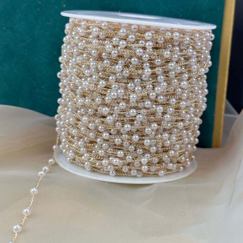Brass Beading Chains, with Plastic Pearl, Round, KC gold color plated, DIY, white, nickel, lead & cadmium free, 4mm, Sold By m