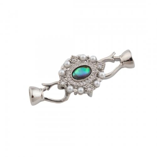 Brass Bracelet Findings, with Abalone Shell & Plastic Pearl, platinum color plated, DIY & micro pave cubic zirconia, 14x28x6.50mm, Hole:Approx 1mm, Sold By PC