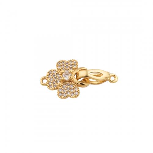 Brass Bracelet Findings, Four Leaf Clover, 14K gold plated, DIY & micro pave cubic zirconia, 13.50x24.50x5.50mm, Hole:Approx 1.5mm, Sold By PC