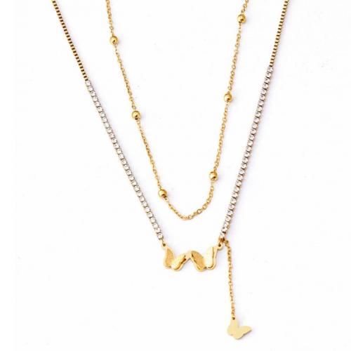 Titanstahl Halskette, mit Verlängerungskettchen von 6cm, Schmetterling, Doppelschicht & Micro pave Zirkonia & für Frau, goldfarben, Länge:ca. 37.5 cm, ca. 42 cm, verkauft von PC
