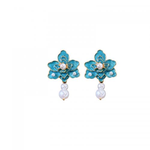Zinklegierung Ohrringe, mit Kunststoff Perlen, Blume, Modeschmuck & für Frau, frei von Nickel, Blei & Kadmium, 43x26mm, verkauft von Paar