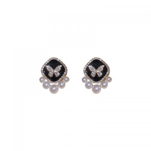 Tibetan Style Stud Earring, with Plastic Pearl, fashion jewelry & for woman & with rhinestone, nickel, lead & cadmium free, 23x17mm, Sold By Pair