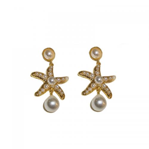 Zinc Alloy Drop Earrings with Plastic Pearl Starfish gold color plated fashion jewelry & for woman golden nickel lead & cadmium free Sold By Pair