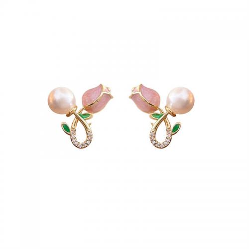 Zinc Alloy Stud Earring with Plastic Pearl Tulip plated fashion jewelry & for woman & with rhinestone nickel lead & cadmium free Sold By Pair