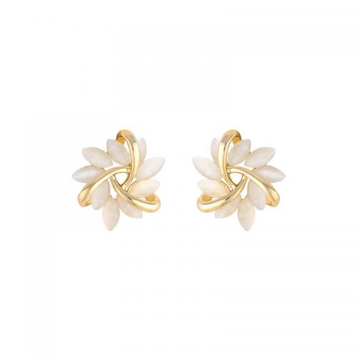 Zinc Alloy Stud Earring with Cats Eye petals fashion jewelry & for woman golden nickel lead & cadmium free Sold By Pair