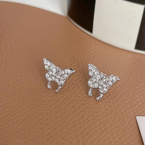 Zinc Alloy Stud Earring Butterfly plated fashion jewelry & for woman & with rhinestone nickel lead & cadmium free Sold By Pair