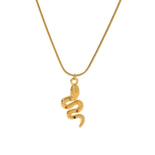 Stainless Steel Jewelry Necklace, 304 Stainless Steel, with 5cm extender chain, Snake, 18K gold plated, fashion jewelry & micro pave cubic zirconia & for woman, golden, 32mm, Length:Approx 40 cm, Sold By PC