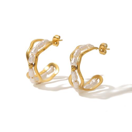 Edelstahl Ohrringe, 304 Edelstahl, mit Kunststoff Perlen, 18K vergoldet, Modeschmuck & für Frau, goldfarben, 27x3mm, verkauft von Paar
