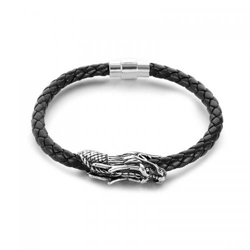 PU Leather Cord Bracelets with Zinc Alloy Dragon Vacuum Ion Plating fashion jewelry & for man black 10mm Length 23 cm Sold By PC
