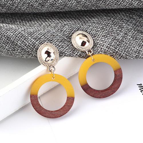 Tibetan Style Drop Earrings, with Wood & Resin & Plastic & Iron, Round, gold color plated, for woman, yellow, 28x48mm, Sold By Pair