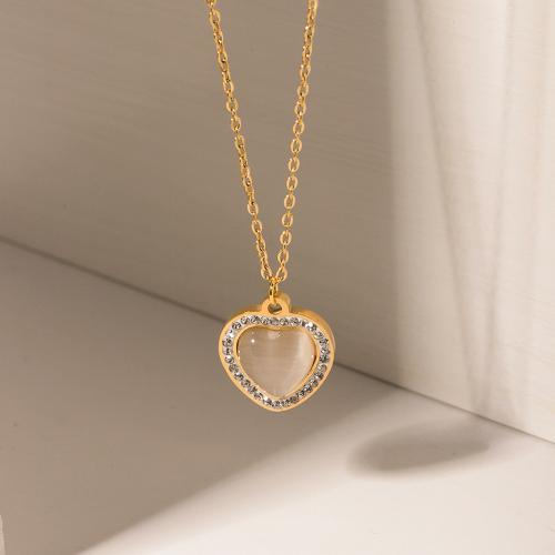 Stainless Steel Jewelry Necklace 304 Stainless Steel with Cats Eye with 5.5cm extender chain Heart plated fashion jewelry & with rhinestone golden Length 39.5 cm Sold By PC