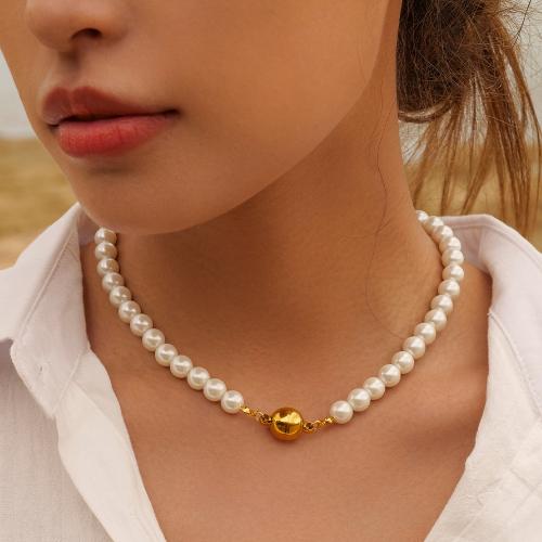 Stainless Steel Jewelry Necklace, 304 Stainless Steel, with Plastic Pearl, plated, fashion jewelry, more colors for choice, Length:40.3 cm, Sold By PC