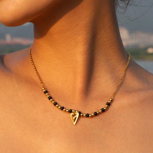 Stainless Steel Jewelry Necklace 304 Stainless Steel with Agate with 6cm extender chain Heart plated fashion jewelry golden Length 41 cm Sold By PC