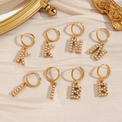 Huggie Hoop Drop Earring 304 Stainless Steel with Plastic Pearl Alphabet Letter 18K gold plated fashion jewelry & for woman nickel lead & cadmium free Sold By Pair