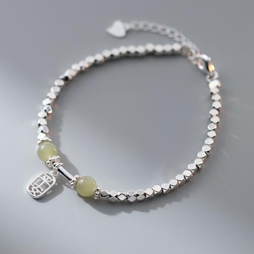 925 Sterling Silver Bangle Bracelet, with Hetian Jade, with 4CM extender chain, handmade, for woman, silver color, Length:Approx 16 cm, Sold By PC