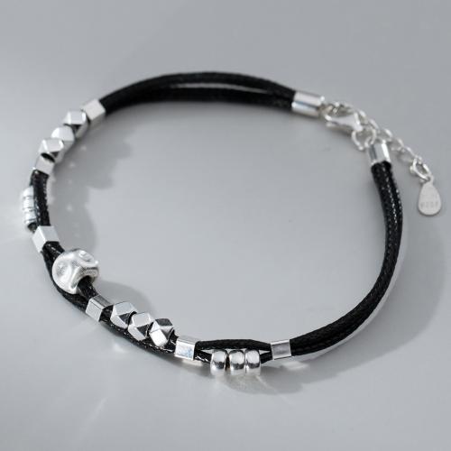 925 Sterling Silver Bangle Bracelet with leather cord with 3CM extender chain plated for woman black Length Approx 18 cm Sold By PC