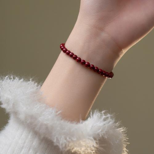925 Sterling Silver Bangle Bracelet, with Elastic Thread & Cinnabar, handmade, for woman, red, Length:Approx 16-25 cm, Sold By PC