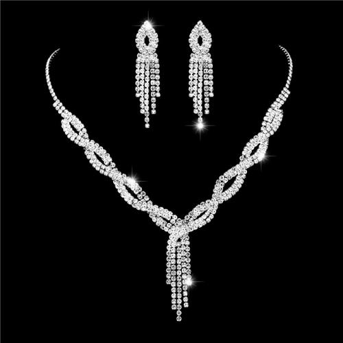 Tibetan Style Jewelry Sets, earring & necklace, with Rhinestone, 2 pieces & fashion jewelry & for woman & with rhinestone, silver color, nickel, lead & cadmium free, Earrings 6.0cm*1.3cm, Length:Approx 45-50 cm, Sold By Set