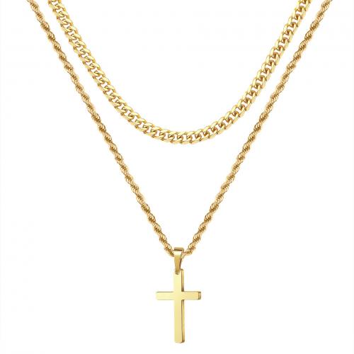 304 Edelstahl Halskette, Kreuz, plattiert, Doppelschicht & verschiedene Größen vorhanden & für den Menschen, keine, verkauft von PC