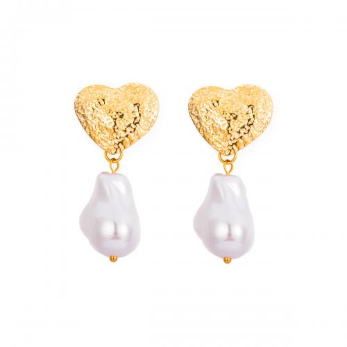 Stainless Steel Stud Earrings 304 Stainless Steel with Plastic Pearl Heart 18K gold plated fashion jewelry & for woman nickel lead & cadmium free Sold By Pair