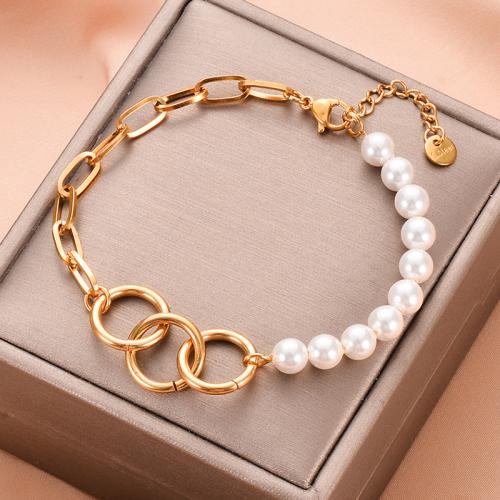 Stainless Steel Jewelry Bracelet, 304 Stainless Steel, with Plastic Pearl, with 4cm extender chain, 18K gold plated, fashion jewelry & for woman, nickel, lead & cadmium free, Length:Approx 18.5 cm, Sold By PC