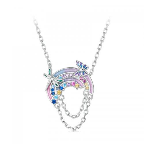 Cubic Zircon Micro Pave 925 Sterling Silver Necklace with 1.97inch extender chain Rainbow fashion jewelry & micro pave cubic zirconia & for woman & enamel nickel lead & cadmium free Length Approx 15.75 Inch Sold By PC
