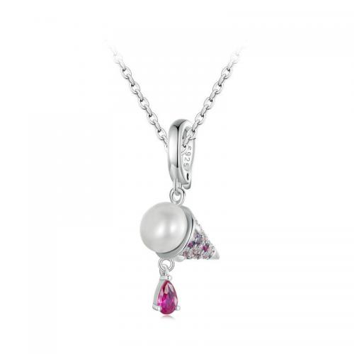 Cubic Zircon Micro Pave 925 Sterling Silver Necklace with Freshwater Pearl Ice Cream fashion jewelry & micro pave cubic zirconia & for woman nickel lead & cadmium free Length Approx 45 cm Sold By PC